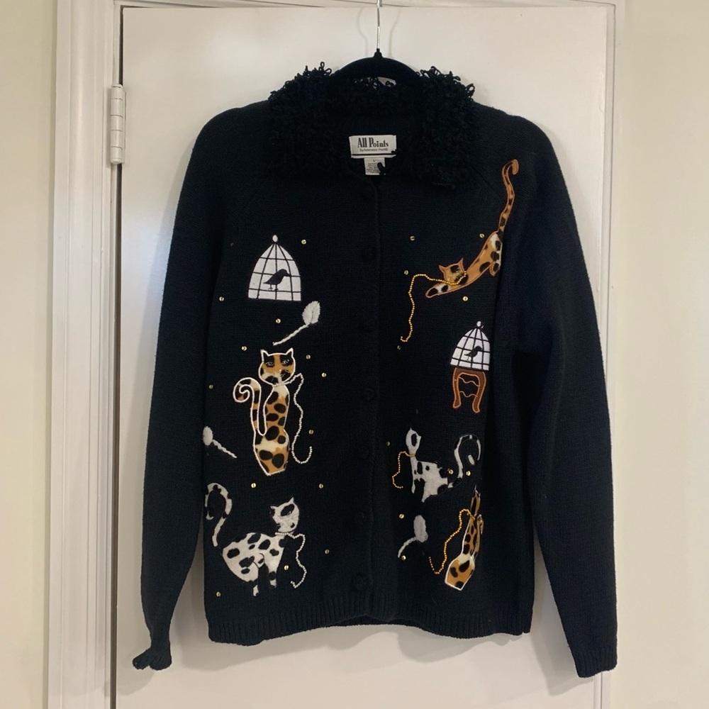 Vintage All Points Cat Button Front Cardigan Sweater Beaded Size Large Ramie